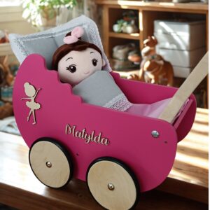 Drewniany wózek dla lalek "falbanka" z lalą